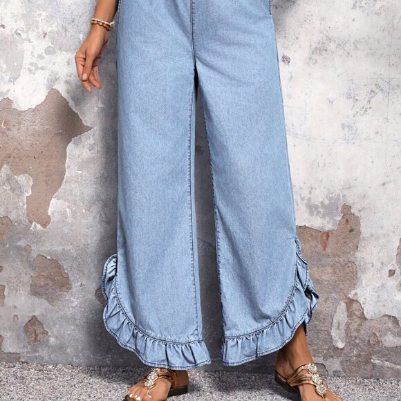 Light Wash Casual Women's High Waist Ruffle Hem Wide Leg Jeans - Picture 4 of 6